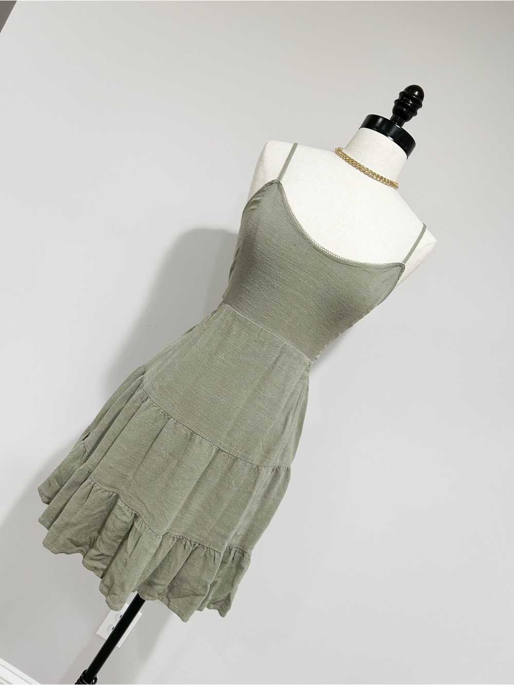 Altar'd State Sage Green Spaghetti-Strap Tiered Mini Dress